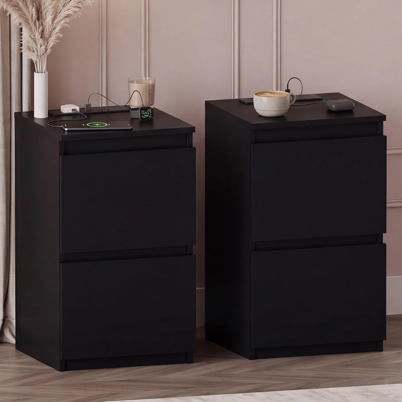 Vida Designs Denver 2 Drawer Bedside Cabinet Black set of 2 - Compact Space-Saving Nightstand with power outlet - 52H x 29.5W x 29.5D cm - Ideal for Bedroom & Guest Room