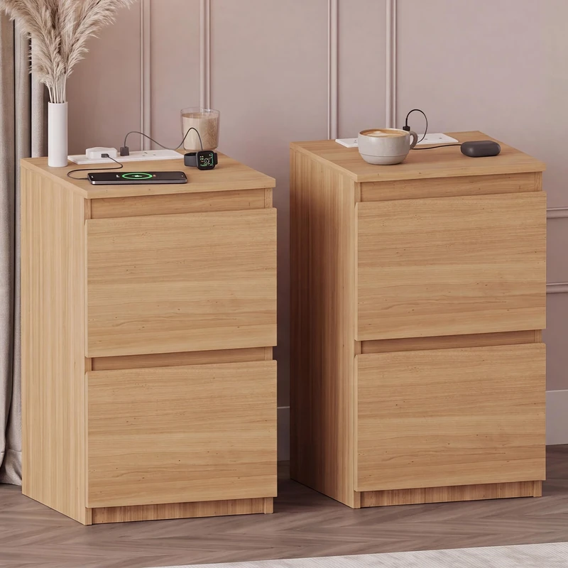 Vida Designs Denver 2 Drawer Bedside Cabinet Pine set of 2 - Compact Space-Saving Nightstand with power outlet - 52H x 29.5W x 29.5D cm - Ideal for Bedroom & Guest Room