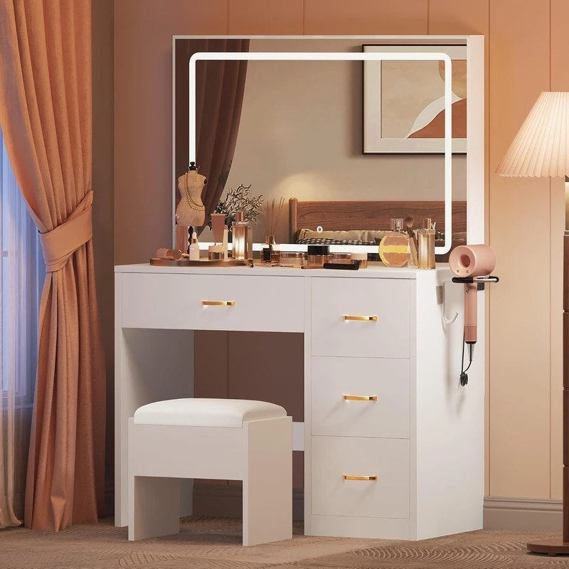 DWVO Vanity Table and Stool Set with LED Mirror, Built-in Plug Socket
