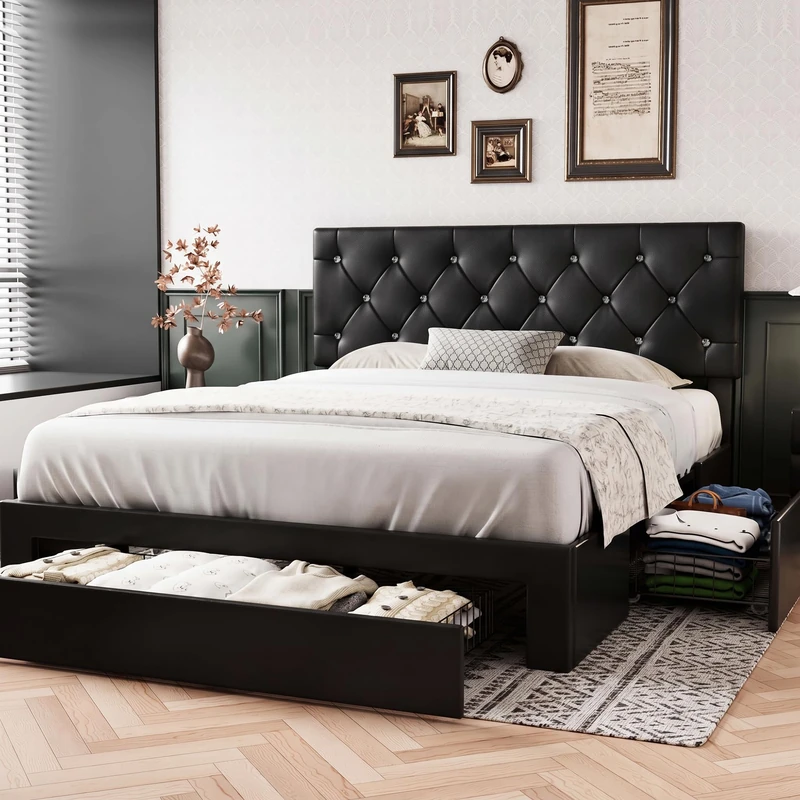 VECELO 4ft6 Double Storage Bed Frame 135x190cm, PU Leather Upholstered Diamond-Tufted Headboard, 3 Drawers, Wooden Slat Support, Noise-Free, No Box Spring Needed, Easy Assembly, Black