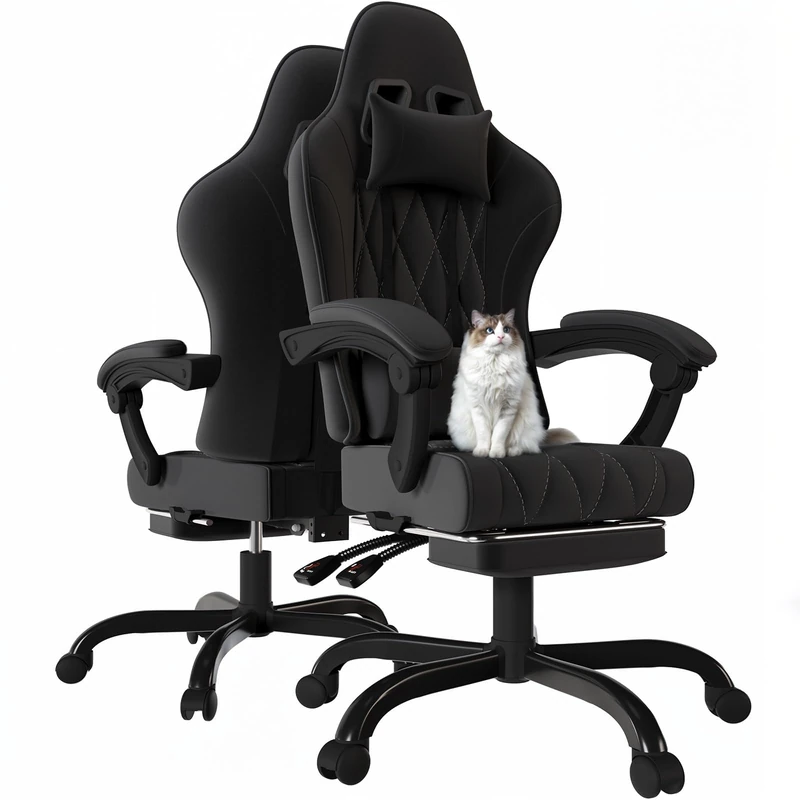 JUMMICO Ergonomic Fabric Gaming Chair with Footrest, 2-Point Vibration Massage Lumbar Support, Linked Reclining Armrests, 90-135° Reclining Backrest, Max 150KG Capacity, Black