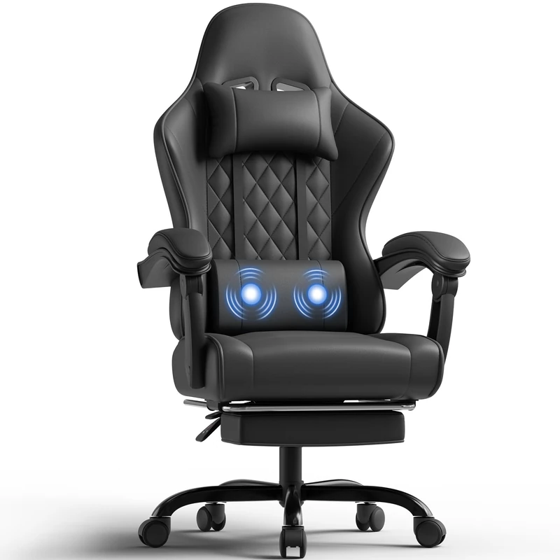 JUMMICO Ergonomic Massage Gaming Chair, Office Chair with Retractable Footrest, Vibration Lumbar Cushion & Headrest, 90-145° Reclining Backrest, 150KG Capacity, Black