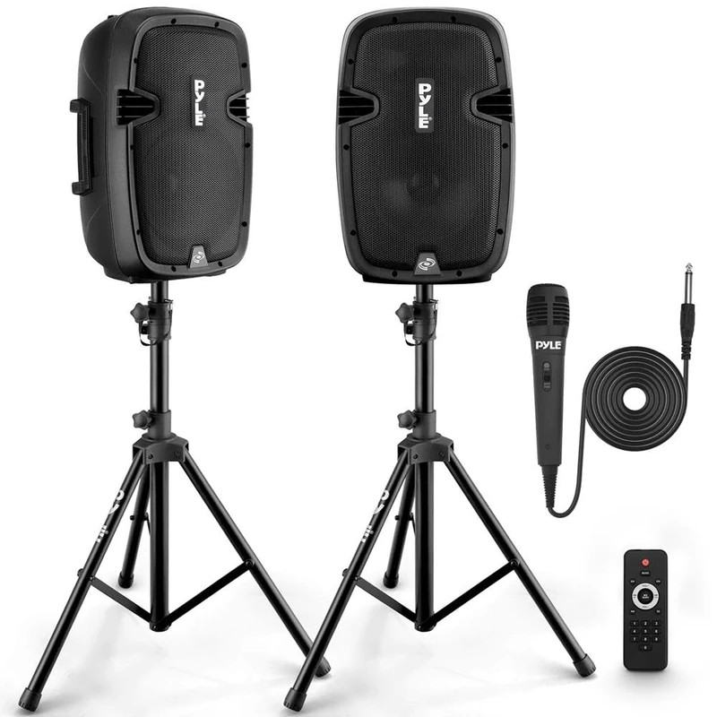 Pyle Powered Bluetooth PA Speaker Kit, Active and Passive 350W Loudspeakers with Wired Microphone, Speaker Stands, Remote Control, Portable Karaoke Machine with Bluetooth Microphone for Singing