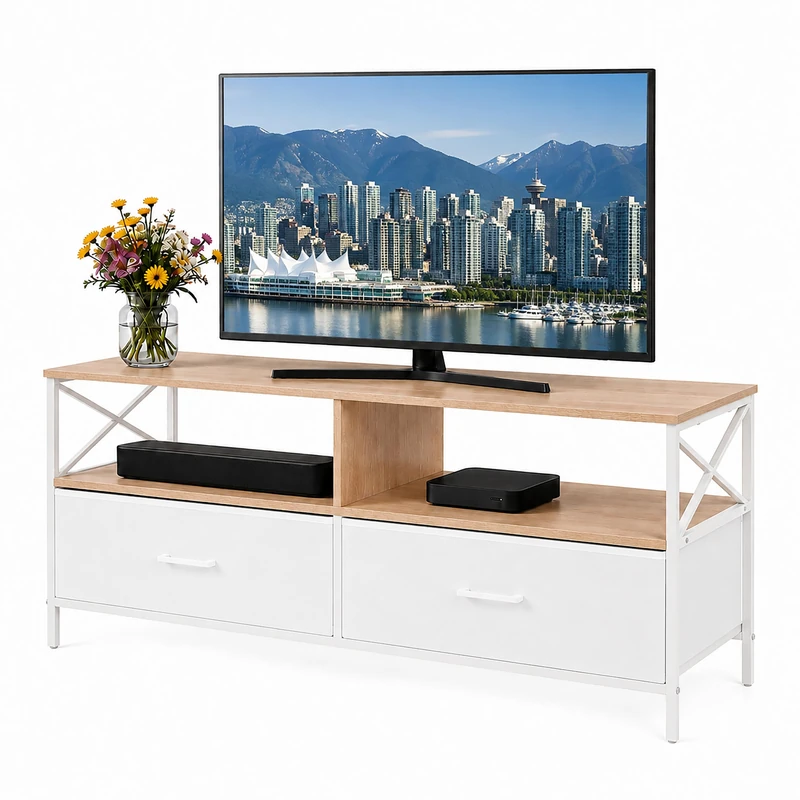 Relaxdays, TV lowboard with fabric drawers, MDF & metal, white wood-effect