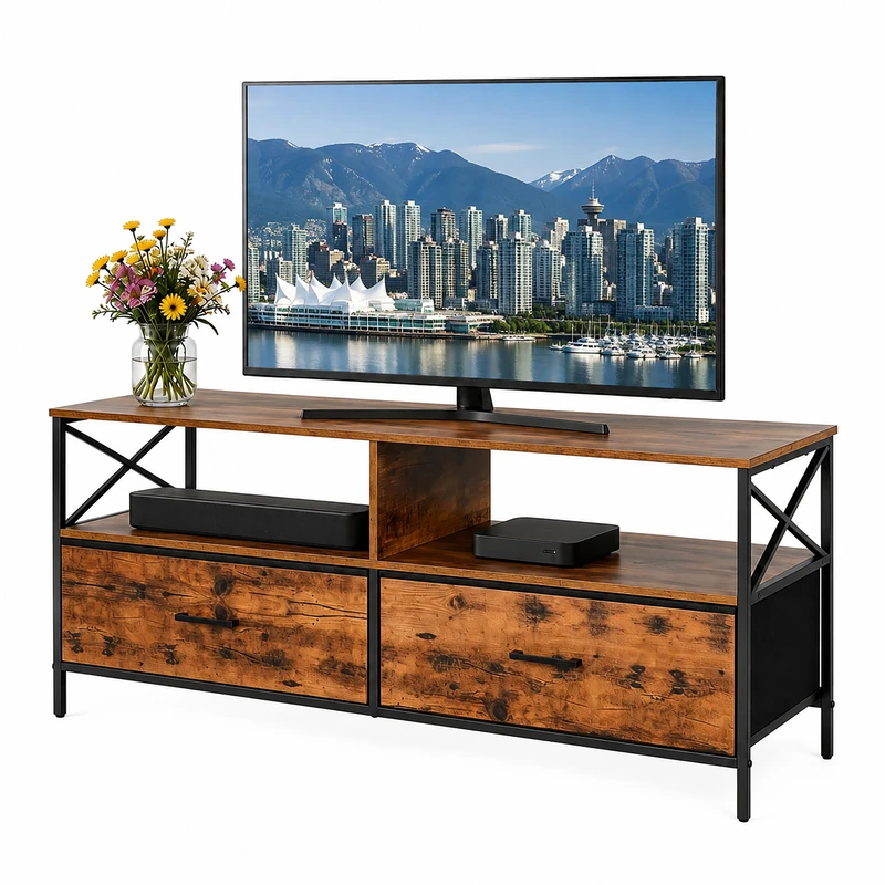 Relaxdays, TV Lowboard, fabric drawers, MDF & metal, industrial black