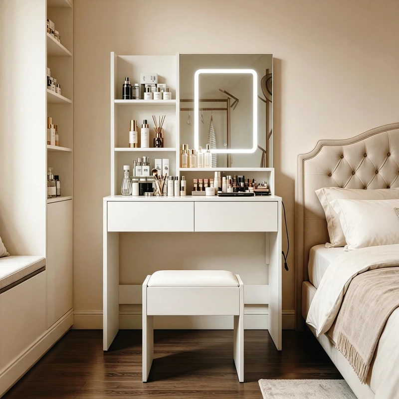 Dressing Table,Vanity Makeup Desk with LED Lights and Charging Station