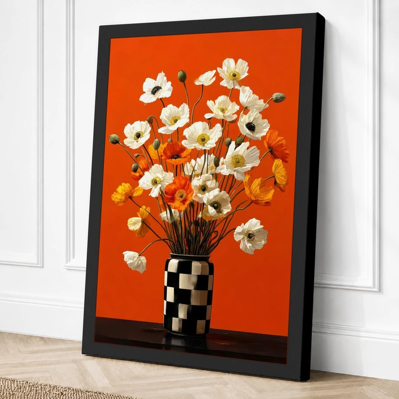 Checkered Vase with Blooms Canvas Wall Art Print 36x24 Inch