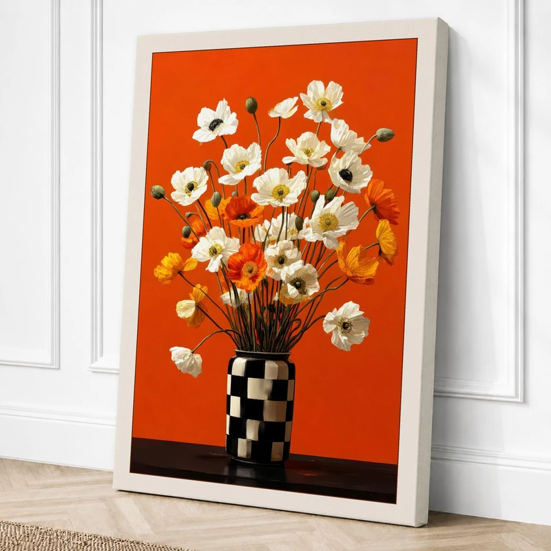 Checkered Vase with Blooms Canvas Wall Art Print 36x24 Inch