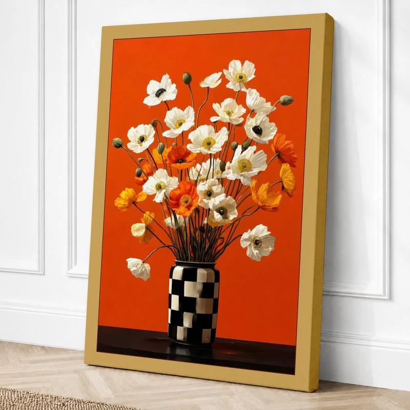 Checkered Vase with Blooms Canvas Wall Art Print 36x24 Inch