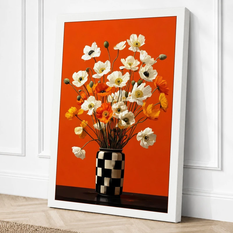 Checkered Vase with Blooms Canvas Wall Art Print 36x24 Inch