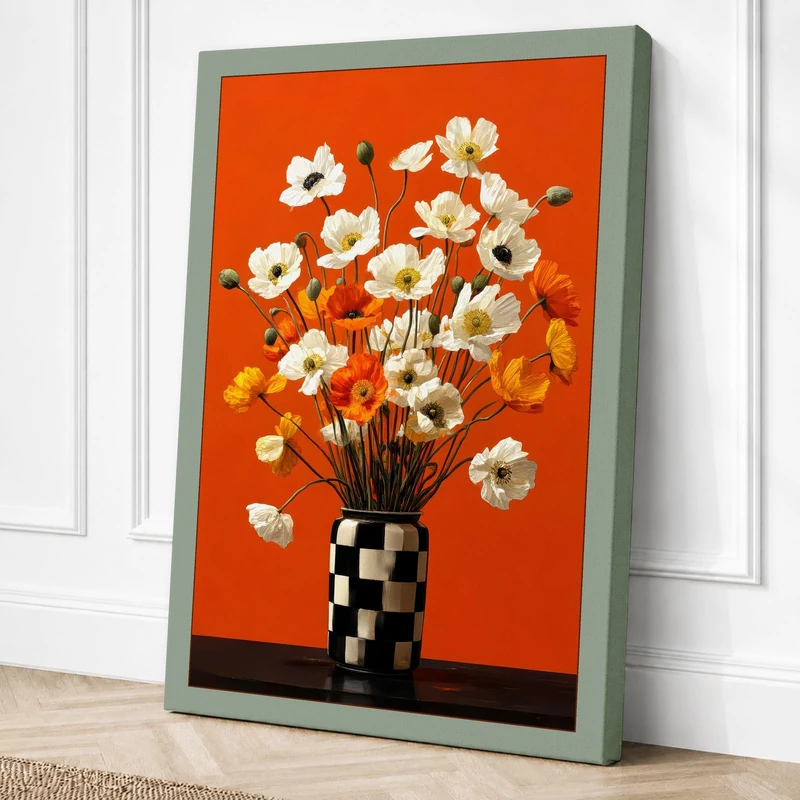 Checkered Vase with Blooms Canvas Wall Art Print 36x24 Inch