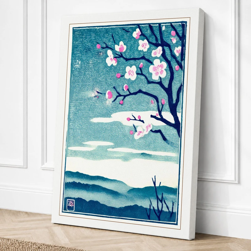 Blossoms and Hills Japandi Canvas Wall Art Print 36x24 Inch