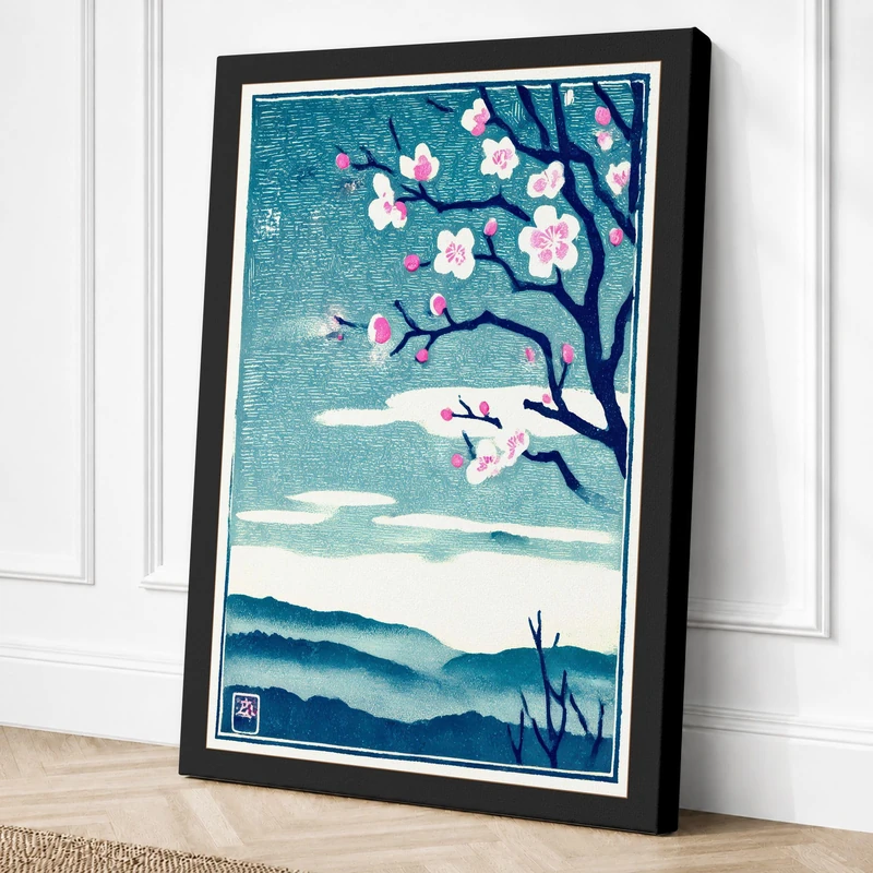Blossoms and Hills Japandi Canvas Wall Art Print 36x24 Inch
