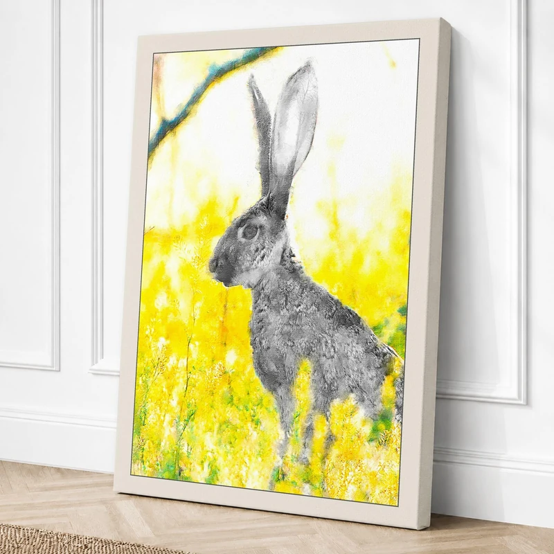 Hare in Yellow Meadow Canvas Wall Art Print 36x24 Inch