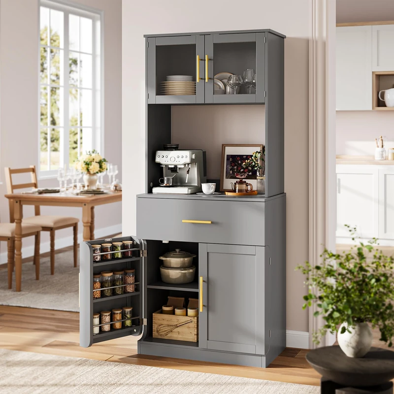 YITAHOME Kitchen Pantry Cupboard 180cm Tall Cabinet, Glass Door & Drawer