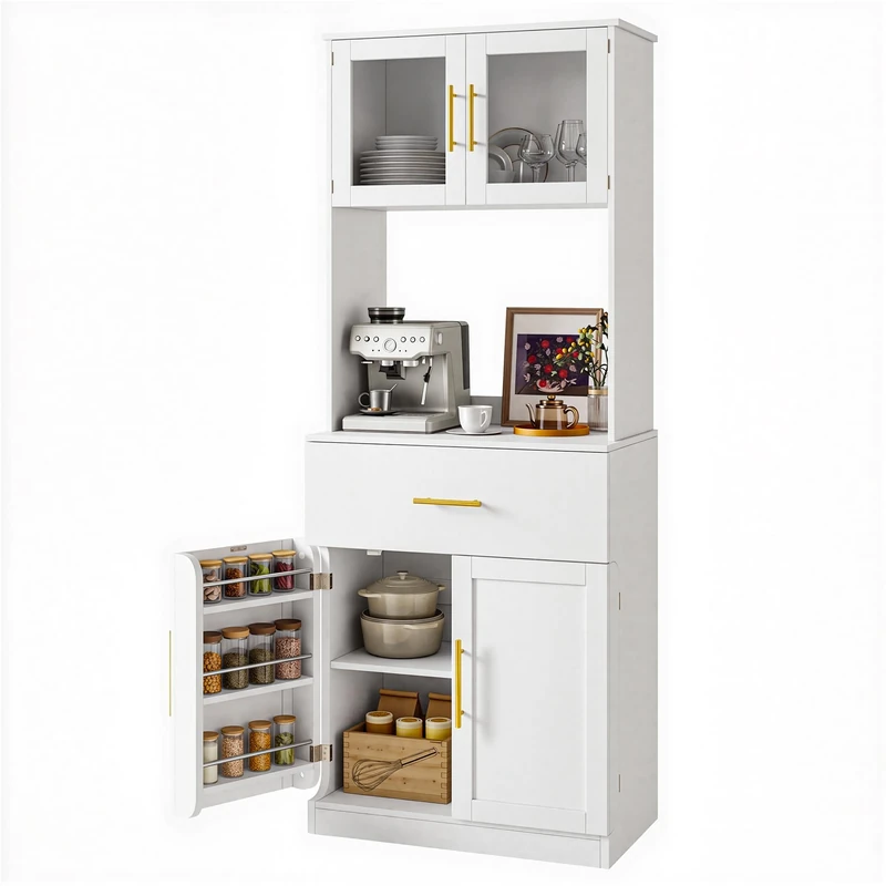 YITAHOME Kitchen Pantry Cupboard 180cm Tall Cabinet, Glass Door & Drawer