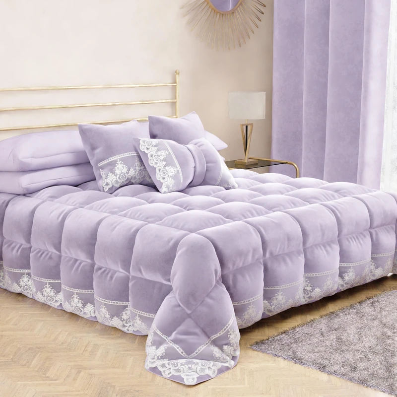 PETTI Artigiani Italiani - Velvet Winter Quilt 220x260 cm, Double-Sided Bedspread with Rebrodé lace, 350 g/m², Lilac, Made in Italy