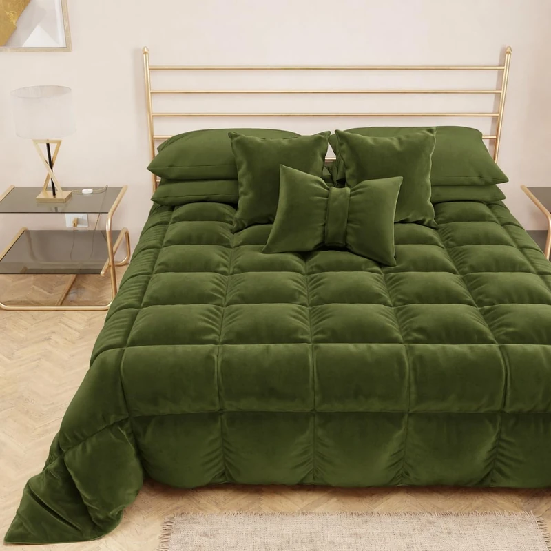 PETTI Artigiani Italiani - Velvet Winter Quilt 220x260 cm, Double-Sided Bedspread, 350 g/m², Olive green, Made in Italy