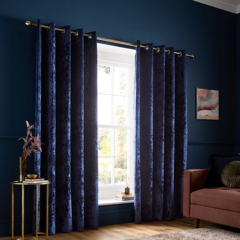 Catherine Lansfield Crushed Velvet 46x72 Inch Eyelet Curtains Navy Blue