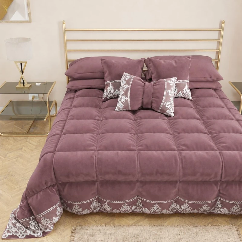 PETTI Artigiani Italiani - Velvet Winter Quilt 220x260 cm, Double-Sided Bedspread with Rebrodé lace, 350 g/m², Onion pink, Made in Italy