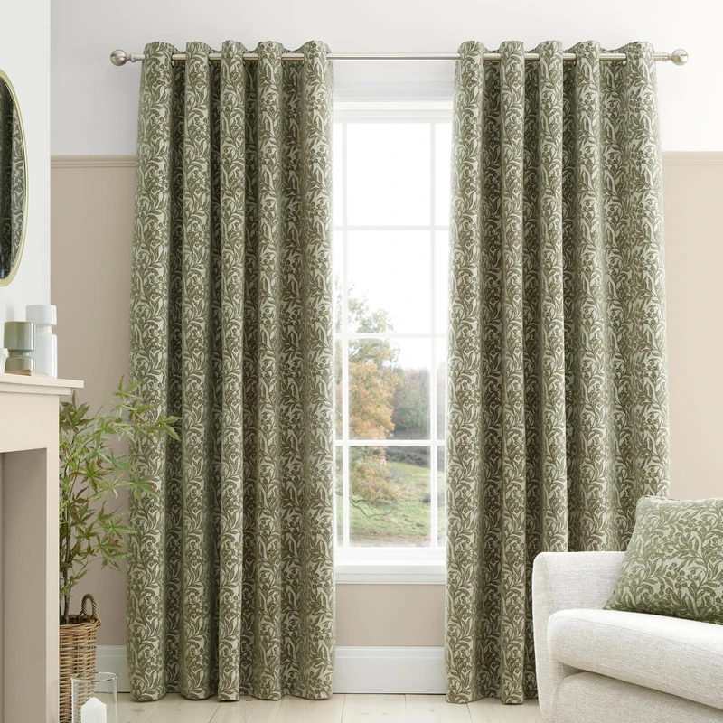 Bianca Chenille Leaves 46x54 Inch Lined Eyelet Curtains Two Panels Green