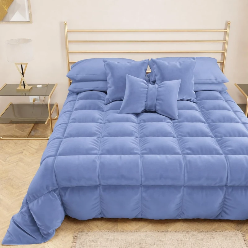 PETTI Artigiani Italiani - Velvet Winter Quilt 260x270 cm, Double-Sided Bedspread, 350 g/m², Powder blue, Made in Italy