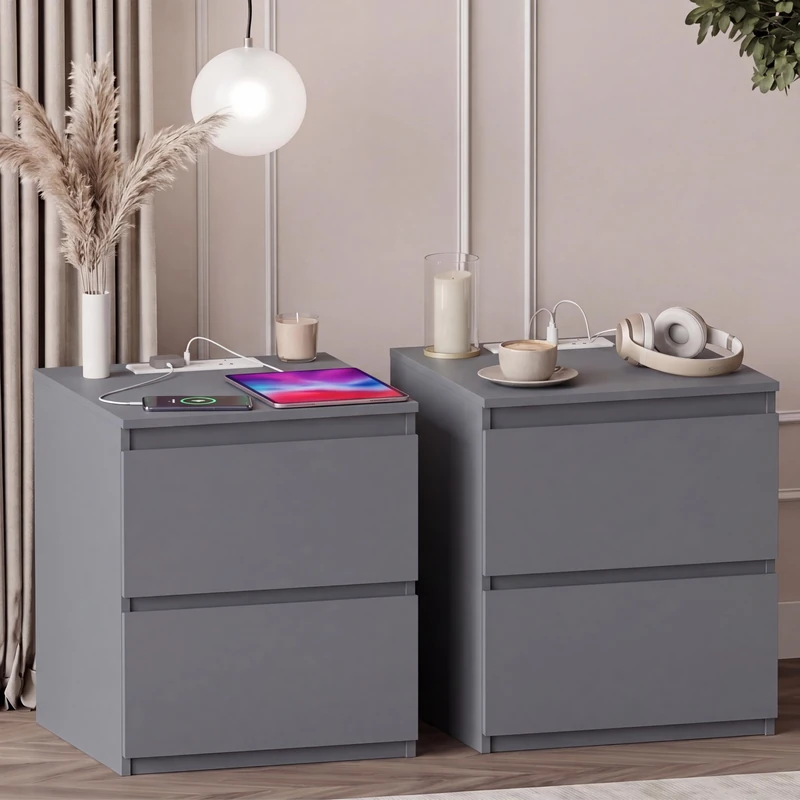 Vida Designs Denver 2 Drawer Bedside Cabinet Grey set of 2 - Compact Space-Saving Nightstand with power outlet - 52H x 39.5W x 39.5D cm - Ideal for Bedroom & Guest Room