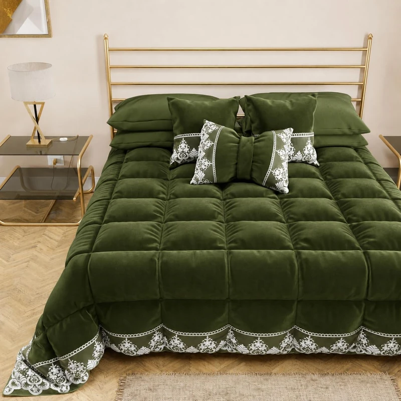 PETTI Artigiani Italiani - Velvet Winter Quilt 260x270 cm, Double-Sided Bedspread with Rebrodé lace, 350 g/m², Olive green, Made in Italy
