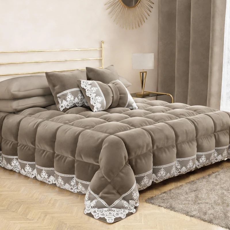 PETTI Artigiani Italiani - Velvet Winter Quilt 260x270 cm, Double-Sided Bedspread with Rebrodé lace, 350 g/m², Mud brown, Made in Italy