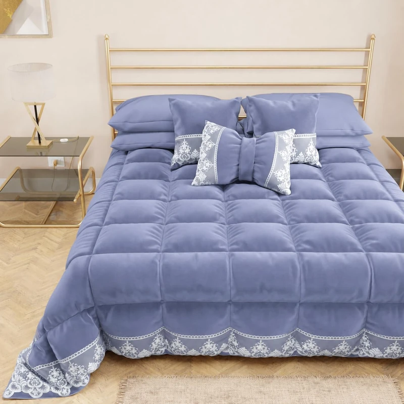 PETTI Artigiani Italiani - Velvet Winter Quilt 220x260 cm, Double-Sided Bedspread with Rebrodé lace, 350 g/m², Powder blue, Made in Italy