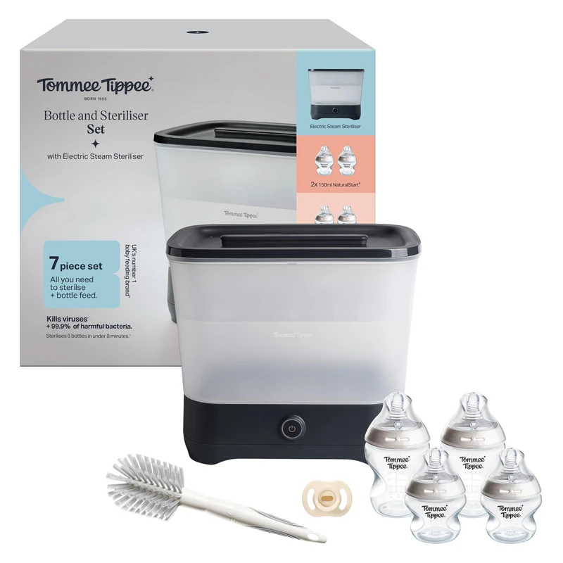 Tommee Tippee Bottle and Steriliser Set, Electric Steriliser & 4X Baby Bottles, Black
