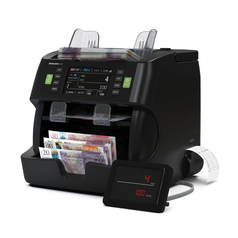 Detectalia V40 Banknote Counter and Counterfeit Detector – Sorting, Reject Pocket and Built-In Printer – Dual CIS, 4.5” Touchscreen + Ext. Display, Serial Number Reading, Multi-Currency Mixed Counting