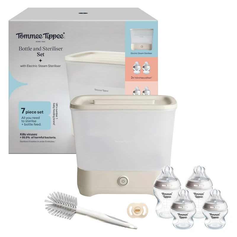 Tommee Tippee Bottle and Steriliser Set, Electric Steriliser & 4X Baby Bottles, White