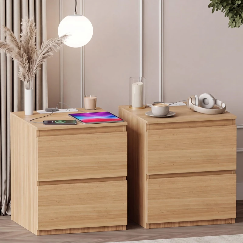 Vida Designs Denver 2 Drawer Bedside Cabinet Pine set of 2 - Compact Space-Saving Nightstand with power outlet - 52H x 39.5W x 39.5D cm - Ideal for Bedroom & Guest Room