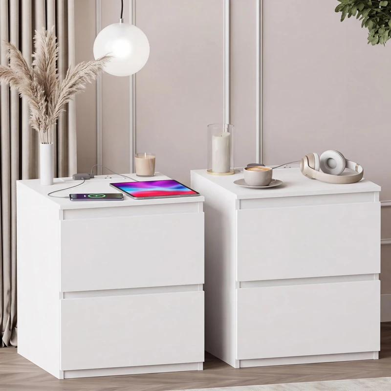 Vida Designs Denver 2 Drawer Bedside Cabinet White set of 2 - Compact Space-Saving Nightstand with power outlet - 52H x 39.5W x 39.5D cm - Ideal for Bedroom & Guest Room