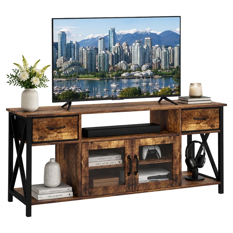 Relaxdays TV lowboard, HxWxD: 60 x 140 x 40 cm, 2 drawers, brown/black