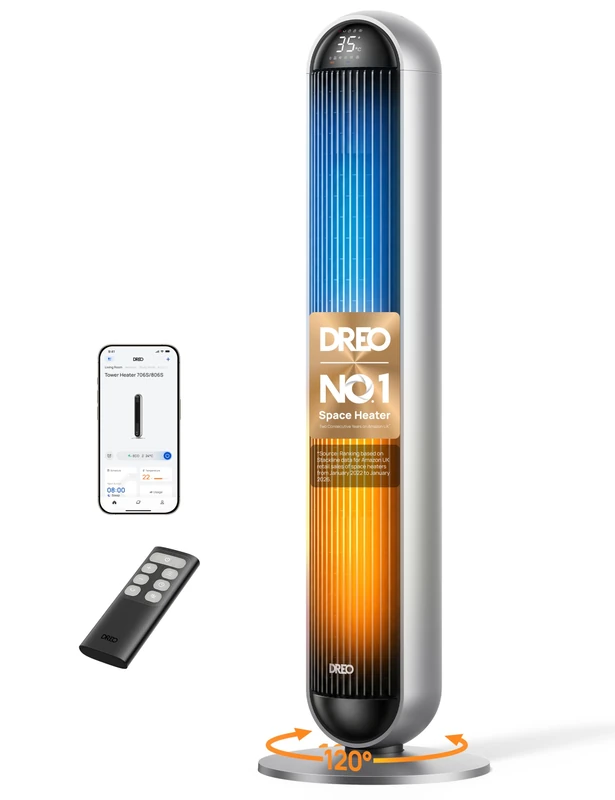 DREO Smart Heater and Tower Fan Combo, 8.9 m/s Standing Fans for Bedroom, 17 Levels, 6 Modes, 120° Oscillation, 107cm, 12H Timer, 25dB Quiet, with Remote, for Office, Large Room, Silver