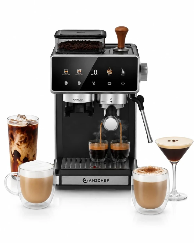AMZCHEF Bean to Cup Coffee Machine, 20 Bar Espresso Machine with Grinder