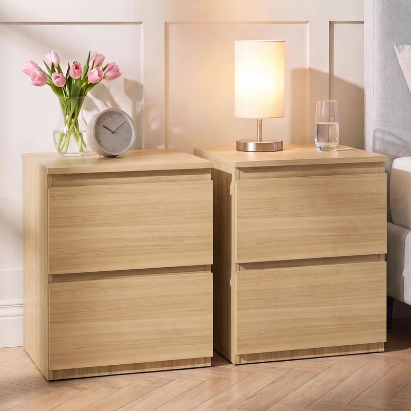 Vida Designs Denver Large 2 Drawer Bedside Chest set of 2 | Pine | Space-Saving Storage | 52H x 39.5W x 39.5D cm | Large Side Table | Minimal | Smooth Metal Runner | Modern Bedroom Nightstand Unit