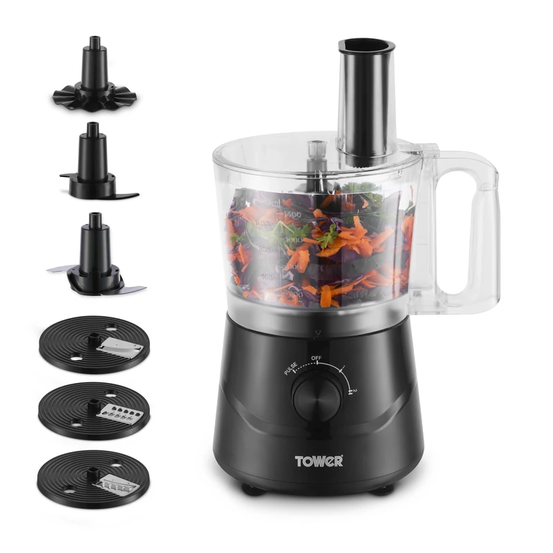 Tower 1000W 2.4L Food Processor with 2 Speeds + Pulse, Removable DuraBlade Chopping Blade, Slicing & Shredding Discs, Dough Blade, Dual-Lock Lightweight Bowl, Black, T12096BLK