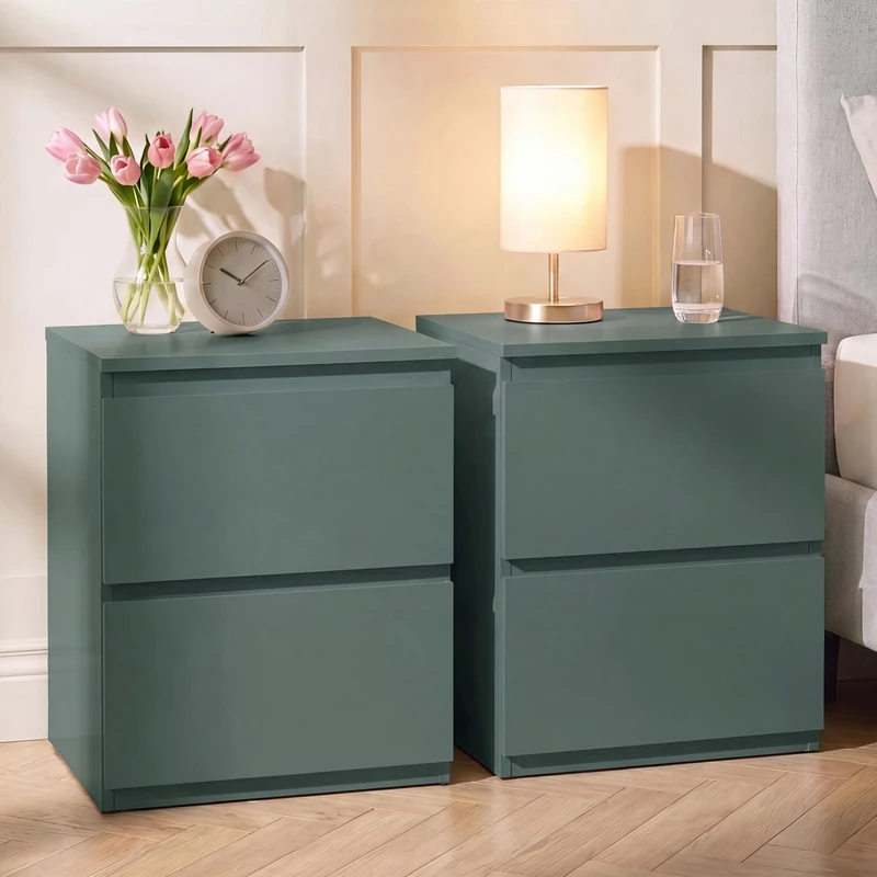 Vida Designs Denver Large 2 Drawer Bedside Chest set of 2 | Green | Space-Saving Storage | 52H x 39.5W x 39.5D cm | Large Side Table | Minimal | Smooth Metal Runner | Modern Bedroom Nightstand Unit