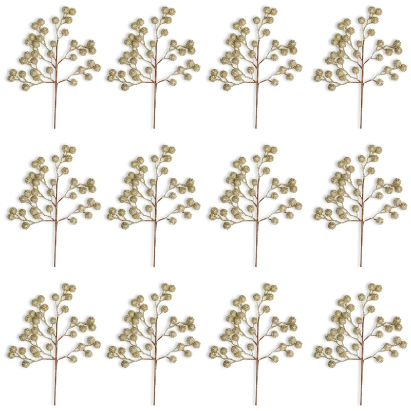 Christmas Tree Glitter Berries Stems, Artificial Picks 45cm Champagne 12Pcs