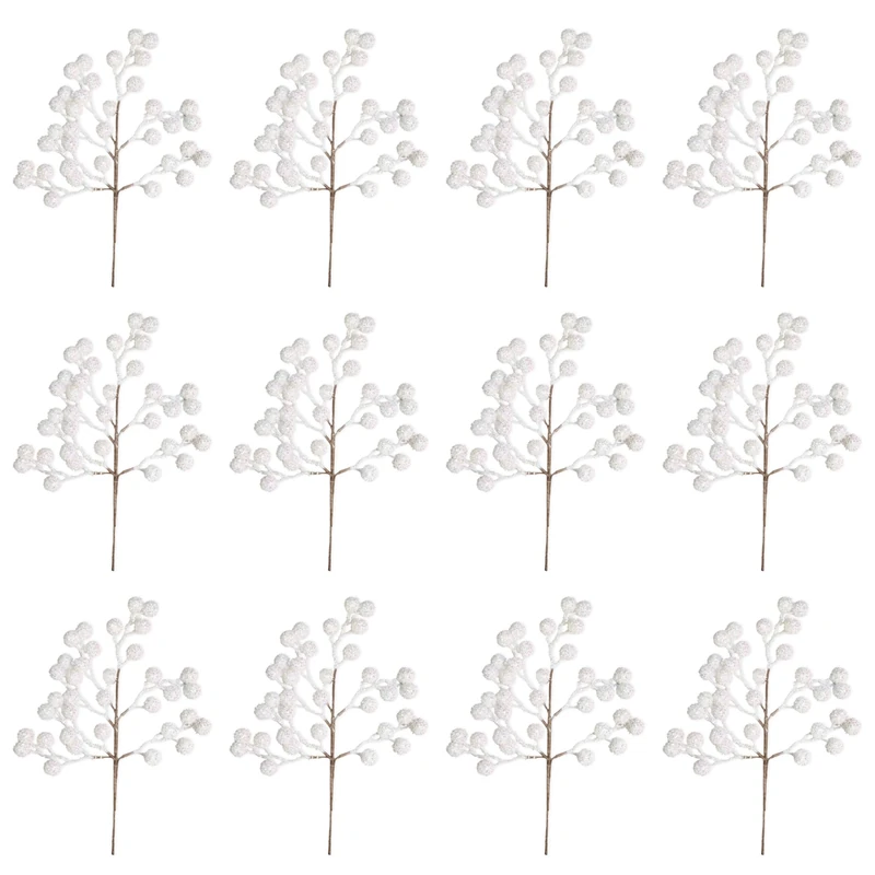 Christmas Tree Berries Stems, Artificial Picks 45cm Iridescent White 12Pcs