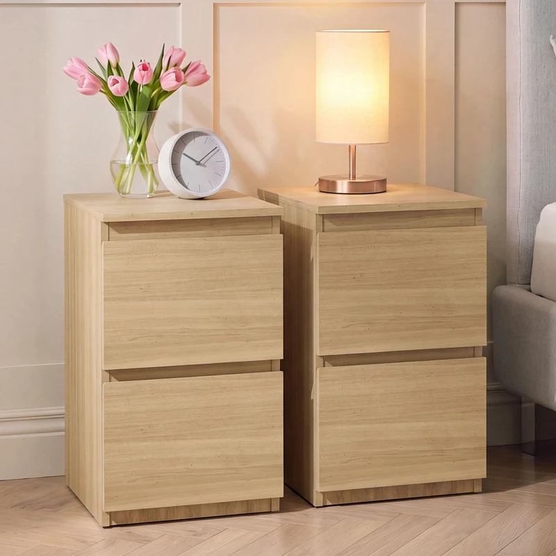 Vida Designs Denver 2 Drawer Bedside Chest set of 2 | Pine | Space-Saving Storage | 52H x 29.5W x 29.5D cm | Narrow Side Table | Minimal | Smooth Metal Runner | Modern Bedroom Nightstand Unit