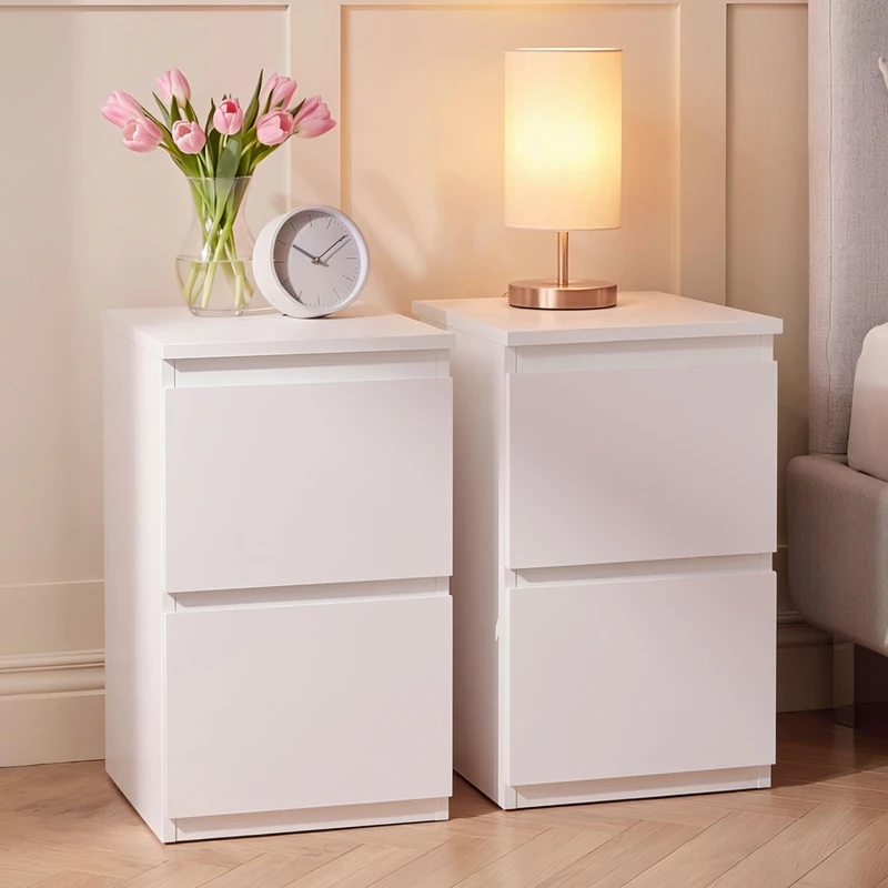 Vida Designs Denver 2 Drawer Bedside Chest set of 2 | White | Space-Saving Storage | 52H x 29.5W x 29.5D cm | Narrow Side Table | Minimal | Smooth Metal Runner | Modern Bedroom Nightstand Unit