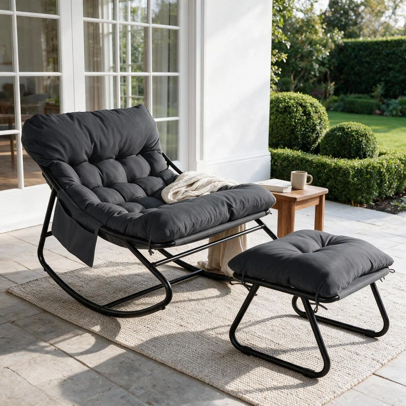 Clevich Rocking Chair with Footstool, Indoor/Outdoor Padded Rocking Lounger (Dark Grey)