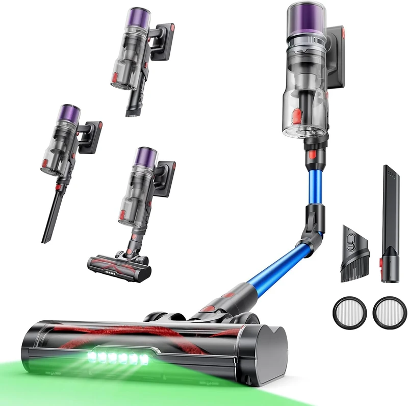 Proscenic P16 Cordless Vacuum Cleaner, 55Kpa/65Mins/550w, Flexible Foldable Tube, LED Display & GreenEye, Wall-Mounted Charging, Stick Lightweight Vacuum for Hardfloor, Carpet, Sofa and Pet Hair,Blue