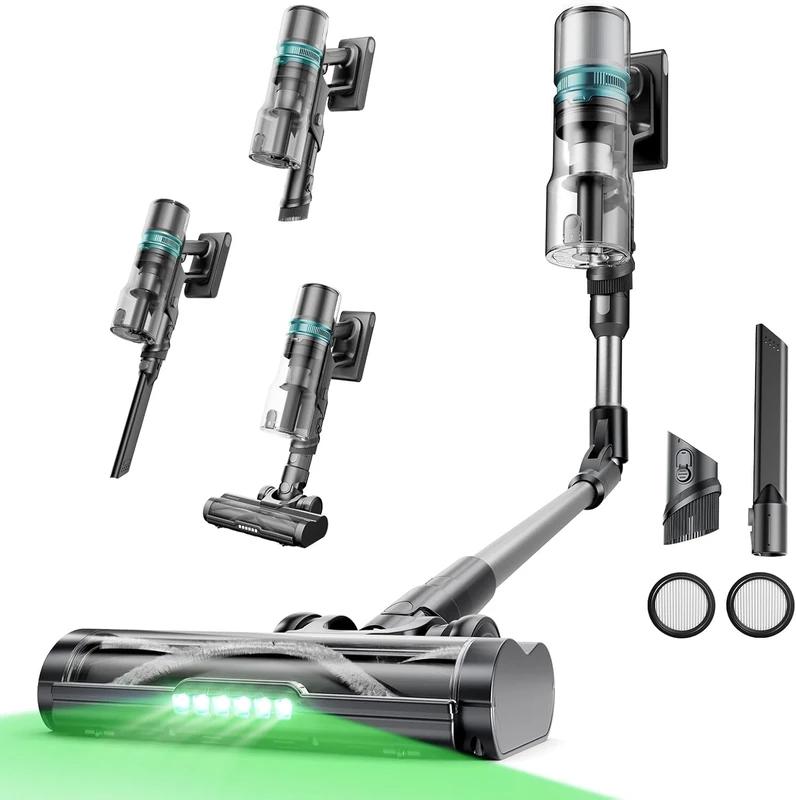 Proscenic P16 Cordless Vacuum Cleaner, 55Kpa/65Mins/550w, Flexible Foldable Tube, LED Display & GreenEye, Wall-Mounted Charging, Stick Lightweight Vacuum for Hardfloor, Carpet, Sofa and Pet Hair,Gray