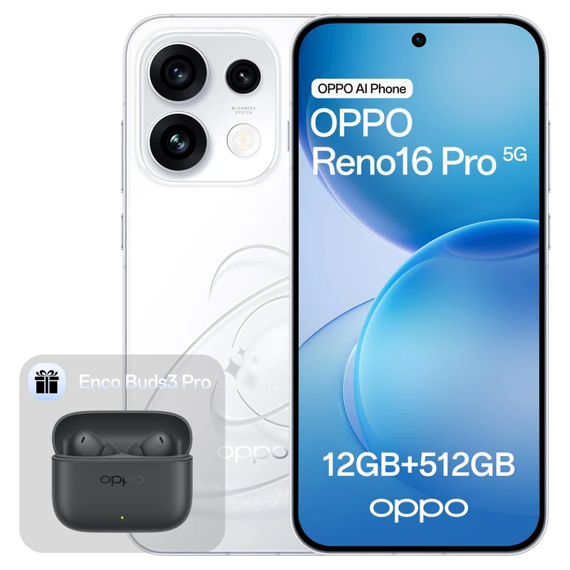 OPPO Reno16 Pro 5G 512GB 12GB RAM Pop White Enco Buds3 Pro Graphite Grey