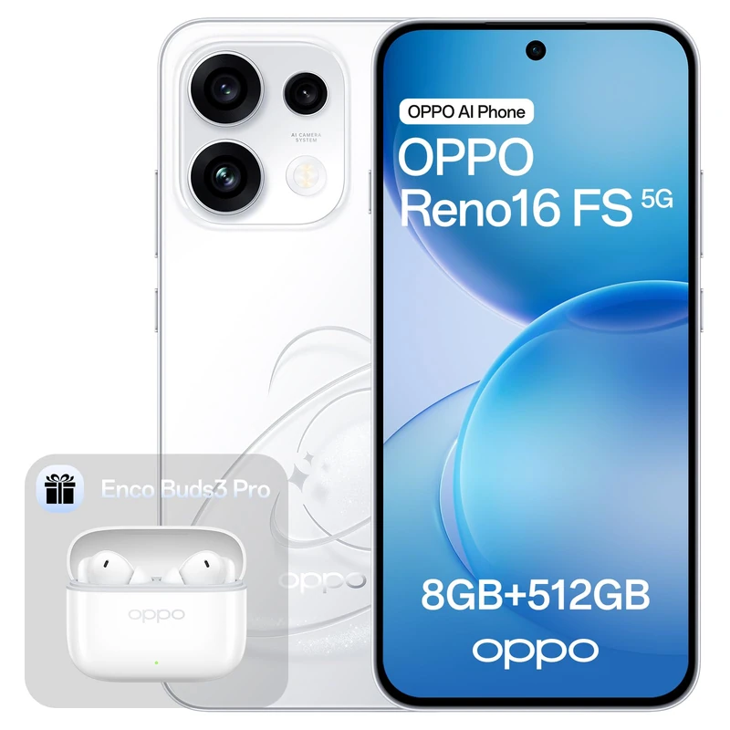 OPPO Reno16 FS 5G 512GB 8GB RAM Pop White Enco Buds3 Pro Glaze White